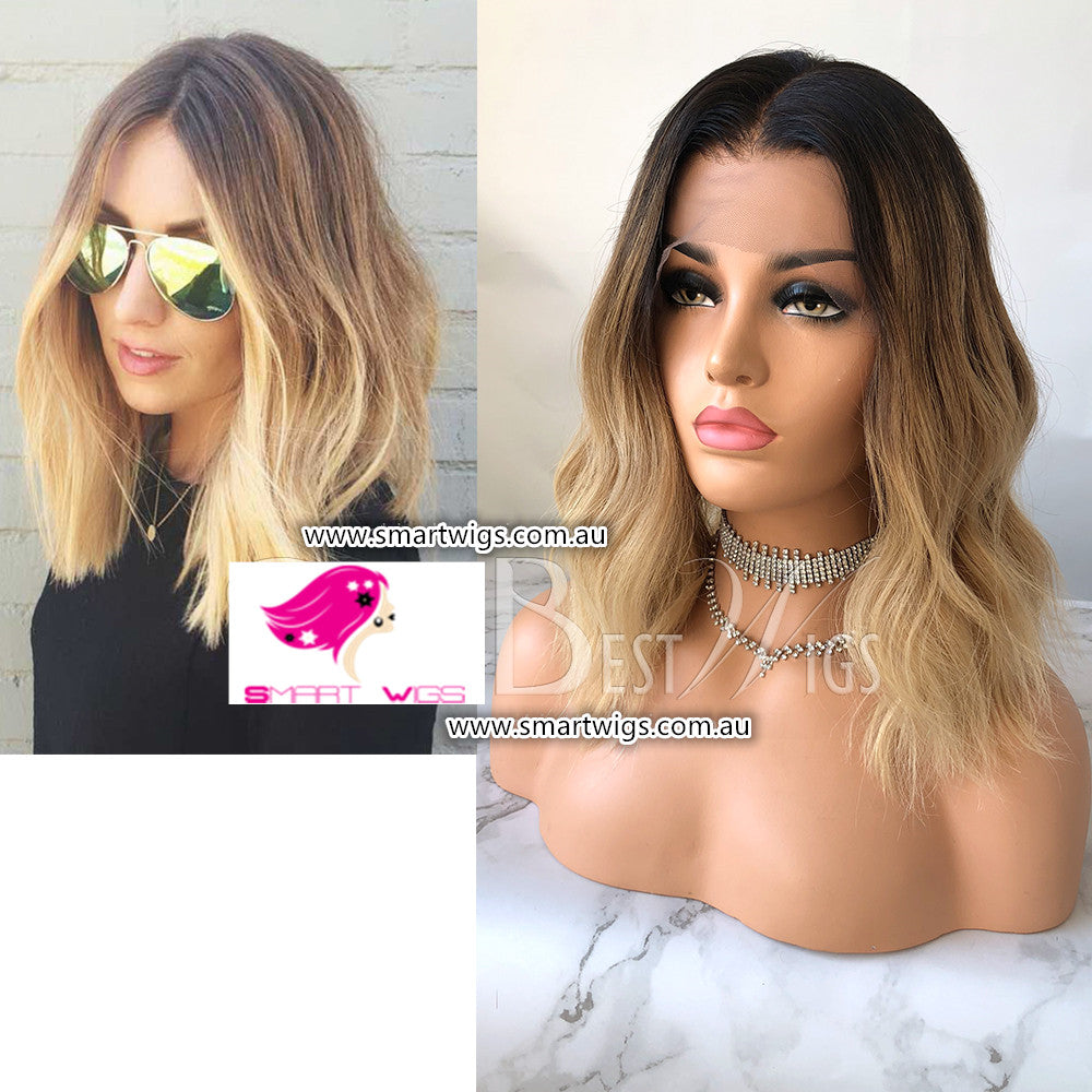 Honey Blonde with Dark Roots Brazilian Virgin Human Hair Wig by Smart Wigs Sydney NSW Australia