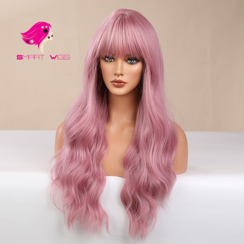 Natural warm pink full fringe long curly wig Smart Wigs Melbourne