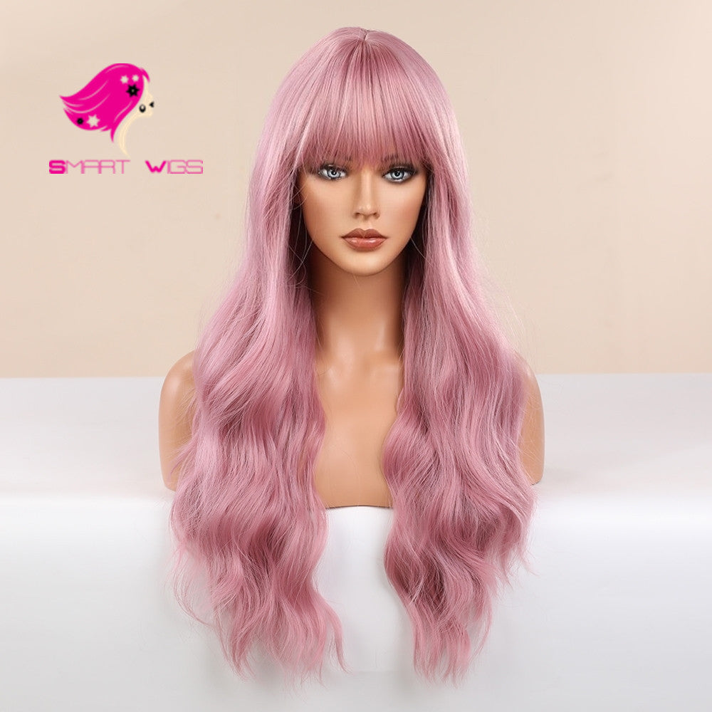 Natural warm pink full fringe long curly wig | Smart Wigs Melbourne