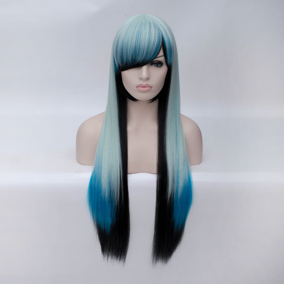 Black blue green 3 tones straight wig